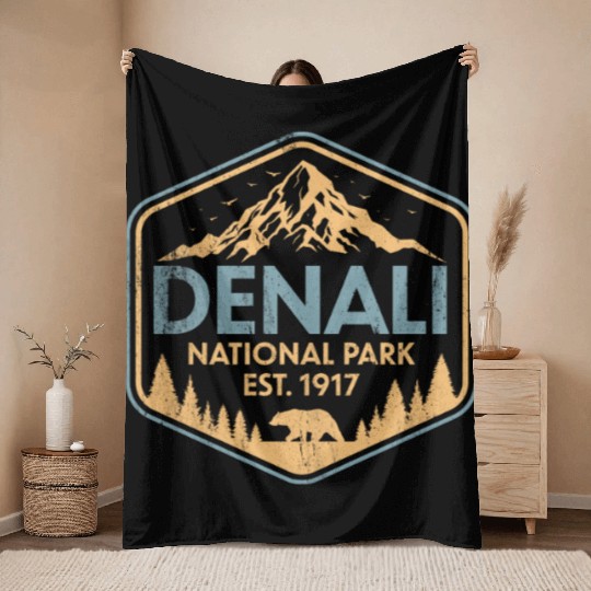 Retro Denali National Park Mountains Nature Throw Blankets