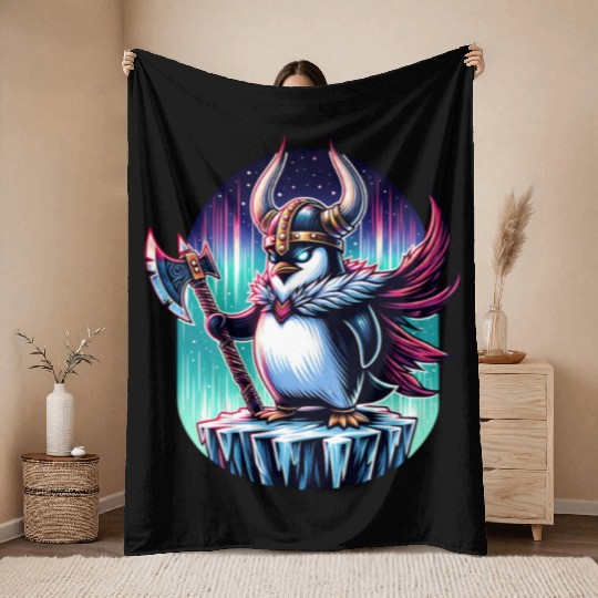 Viking Penguin Warrior Under Northern Lights Throw Blankets