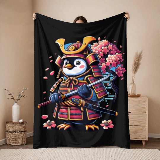 Penguin Samurai with Cherry Blossoms Throw Blankets