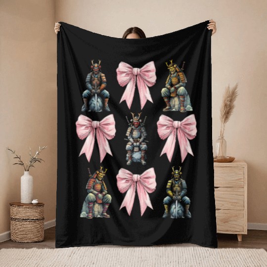 Coquette Bow Samurai Warrior Japanese Pink Ribbon Throw Blankets