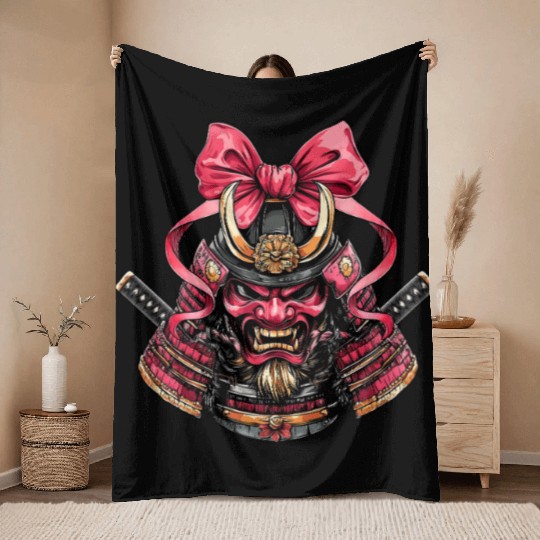 Coquette Bow Samurai Warrior Japanese Pink Ribbon Throw Blankets