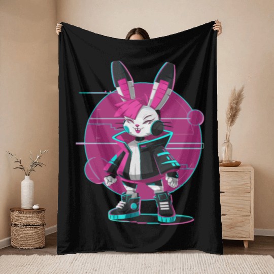 Cyber Bunny with Futuristic Style and Neon Colors Throw Blankets