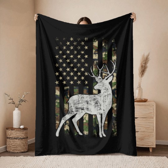 Whitetail Buck Deer Hunting American Camouflage Throw Blankets