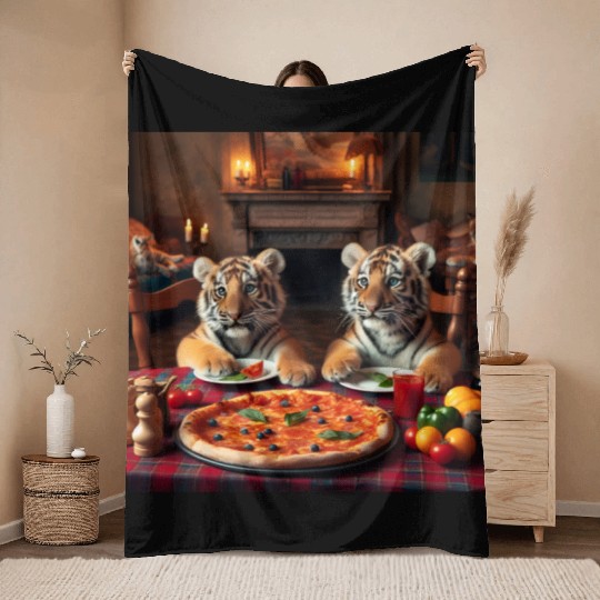 Tiger Cubs eating pizza Throw Blankets