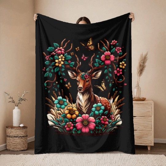 Floral Deer with Butterflies and Blossoms Throw Blankets