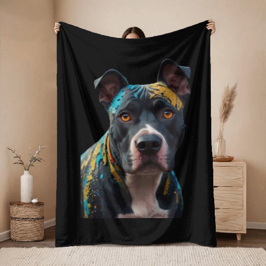 A graffiti-style pitbull portrait, colorful street Throw Blankets