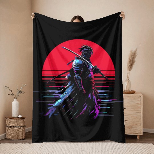Cyberpunk Samurai Warrior Under Neon Moon Throw Blankets