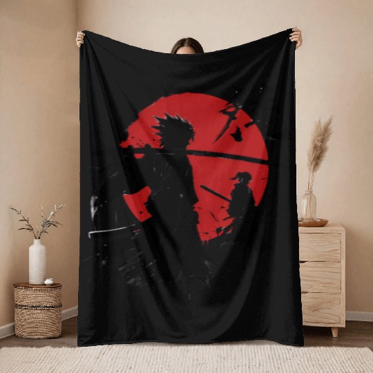 Shadow Samurai Warriors Under Blood Moon Throw Blankets