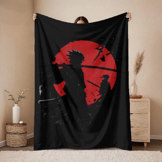 Shadow Samurai Warriors Under Blood Moon Throw Blankets