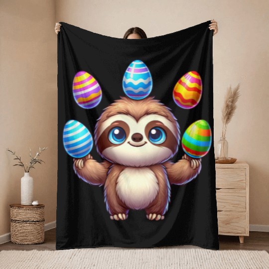Easter Sloth Egg Juggler colorful eggs Throw Blankets