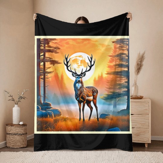 Golden Deer Twilight Peak Throw Blankets