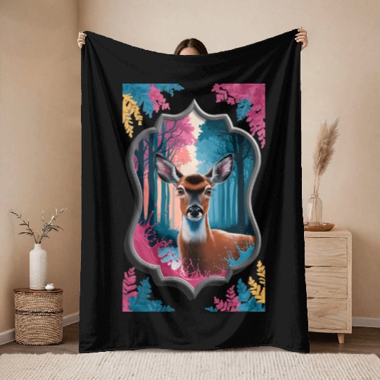 Deer in the forest framed mirror Throw Blankets