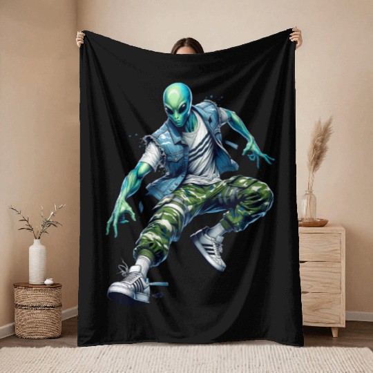 Street Alien – Cosmic Rebel in Action Throw Blankets
