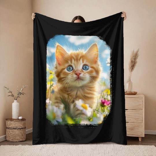 Blue-Eyed Kitten Bloom - Cutesy Pastel Nature Throw Blankets