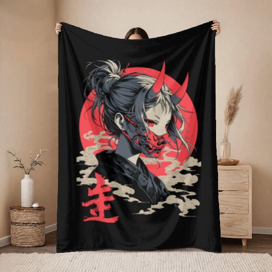 Beautiful Japanese Demon Anime Girl Waifu Geisha Throw Blankets