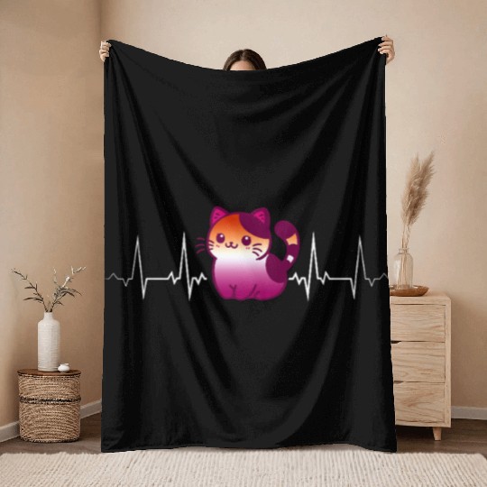 Lesbian Heartbeat Cute Kawaii Cat Pride Love Throw Blankets