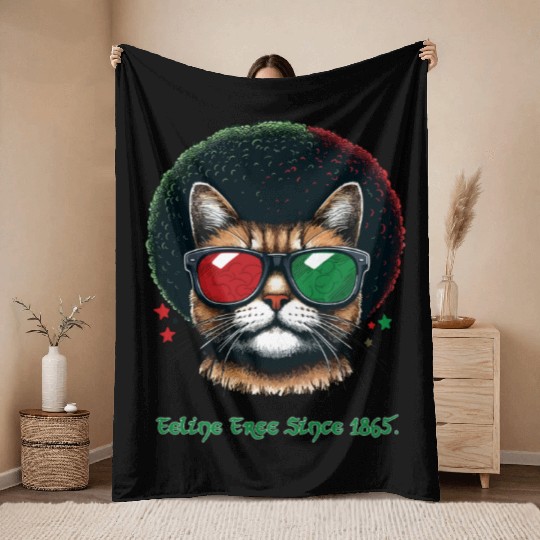 Feline Free Since 1865, Afro Cat Juneteenth Design Throw Blankets