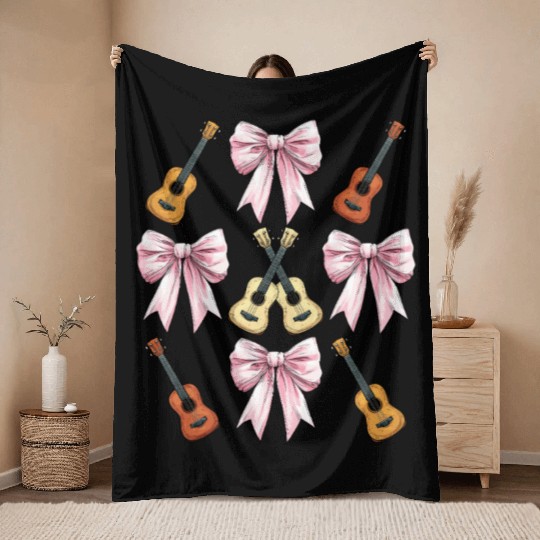 Coquette Bow Ukulele Guitar Uke Girl Mom Pink Throw Blankets
