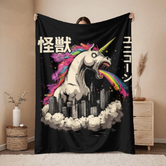 Kaiju Unicorn Japanese Monster Rainbow Throw Blankets