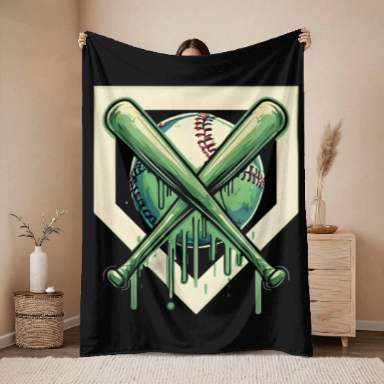 Baseball and Bat Dripping Green Throw Blankets