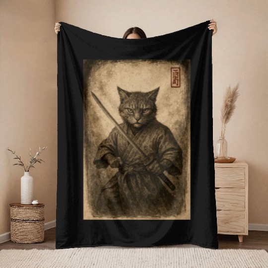 Samurai Cat in Vintage Style Throw Blankets