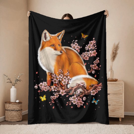 Fox Cherry Blossom Throw Blankets