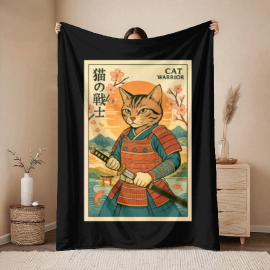 Samurai Cat in Traditional Armor Art Throw Blankets