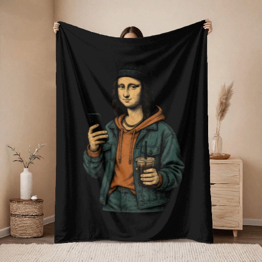 the mona lisa dressed in 2025 street fashion Throw Blankets
