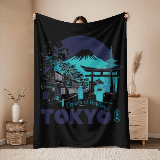 Tokyo Skyline with Mount Fuji Throw Blankets