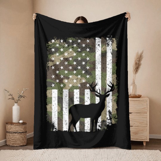 Deer Buck Hunting Camo US Flag Hunter Camouflage Throw Blankets