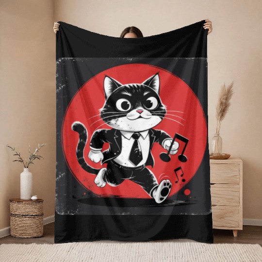 Whimsical Black White Cat Conductor Vintage S Throw Blankets