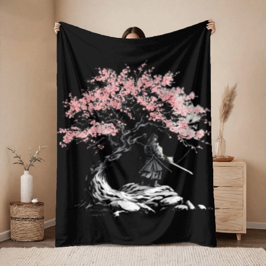 Samurai trains beneath a blooming Sakura tree Throw Blankets
