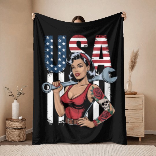 Patriotic Retro Mechanic Woman USA Flag Art Throw Blankets