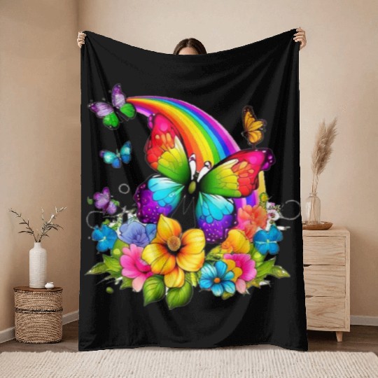 Flower butterfly and rainbow Throw Blankets