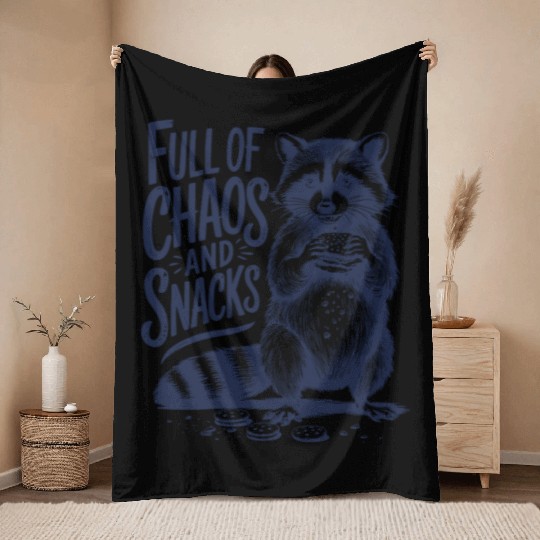 Full Of Chaos And Snacks Raccoon Humor Throw Blankets