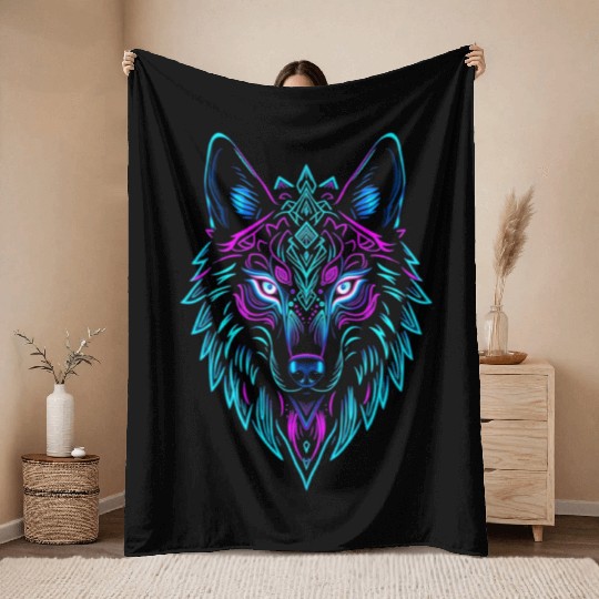 wolf face Throw Blankets