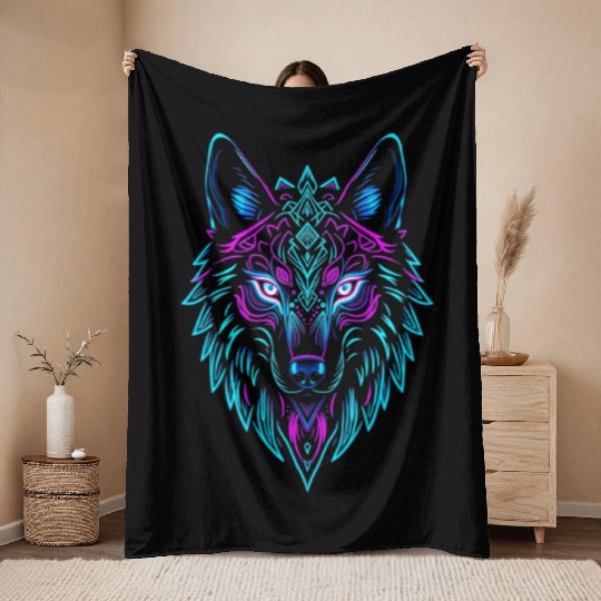 wolf face Throw Blankets