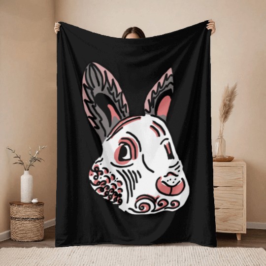 Fantasy Rabbit Face in Ethnic Strokes Throw Blankets