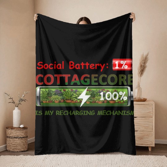 Social Battery 1%, Cottagecore Recharging Mehanism Throw Blankets
