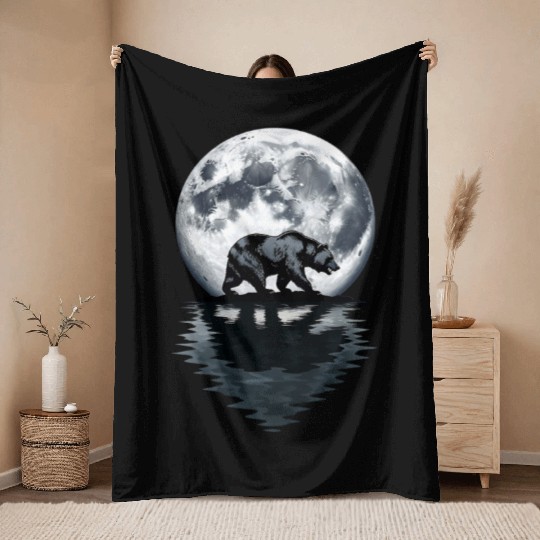 Bear Silhouette Under Full Moon – Wilderness Wildl Throw Blankets