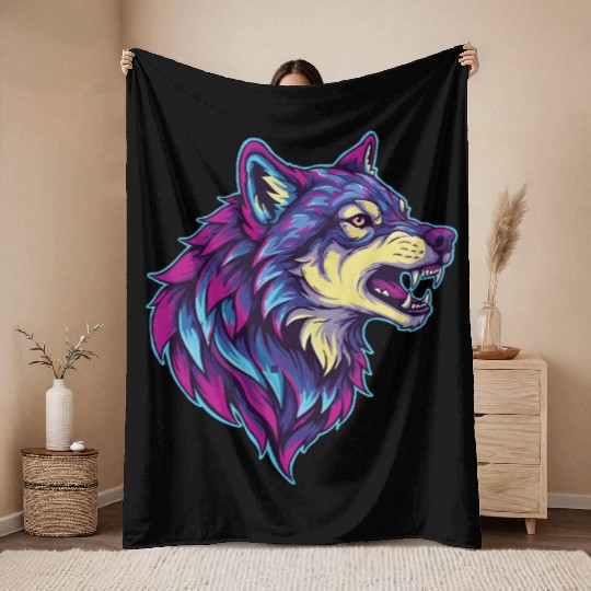 psychedelic wolf head Throw Blankets