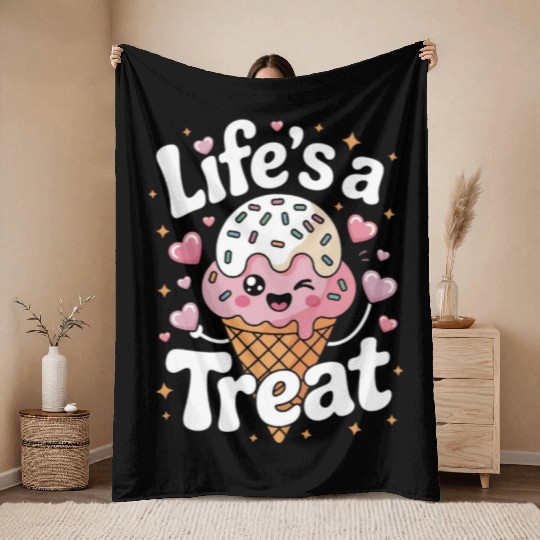 Life’s a Treat Kawaii Ice Cream Cone Throw Blankets