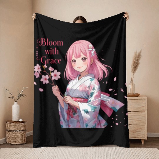A cute anime girl with pink Throw Blankets
