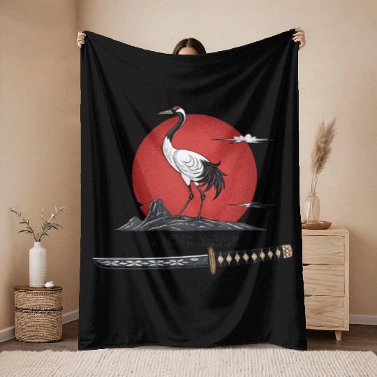 Japanese Crane with Katana and MounT FUJI POSTER Throw Blankets
