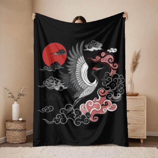 Japanese Crane with Rising Sun and Clouds-DESIGN Throw Blankets