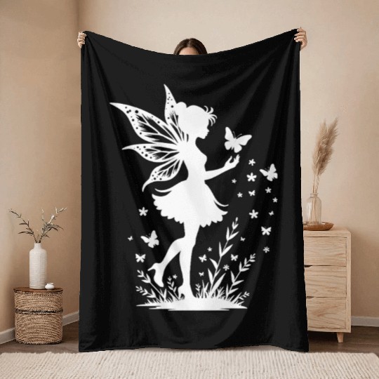 Enchanting Fairy with Flowers and Butterflies Throw Blankets