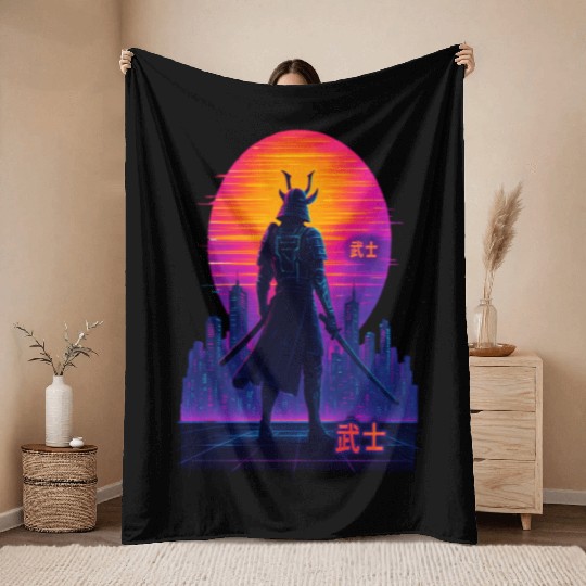Neon Samurai - Cyberpunk Warrior Art Throw Blankets