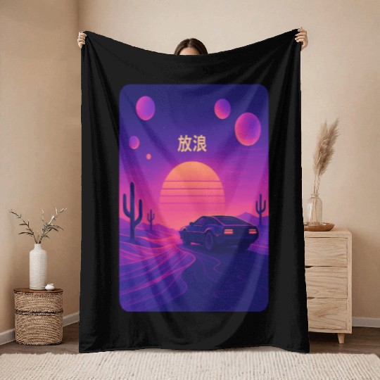 Wanderlust Drive – Retro Vaporwave Desert Throw Blankets