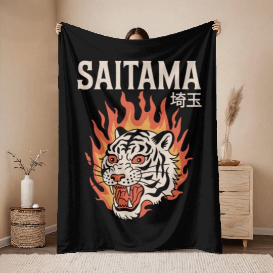 Vintage Saitama Throw Blankets – Bold Tiger Tattoo Design