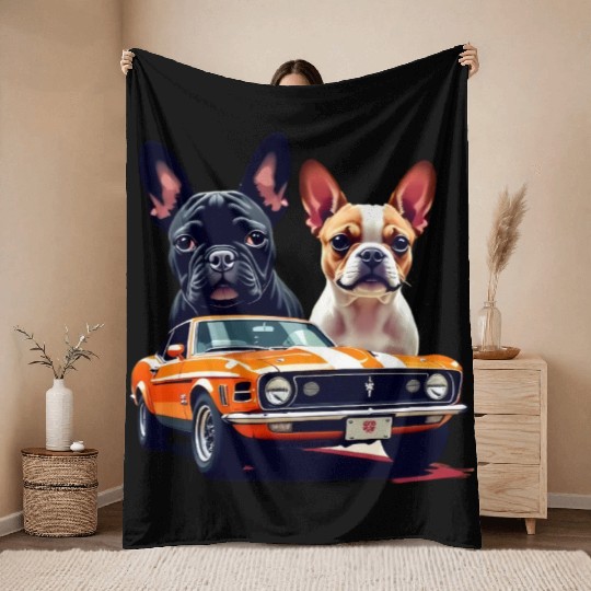 French Bulldogs with Classic Muscle Car – Retro Vi Throw Blankets